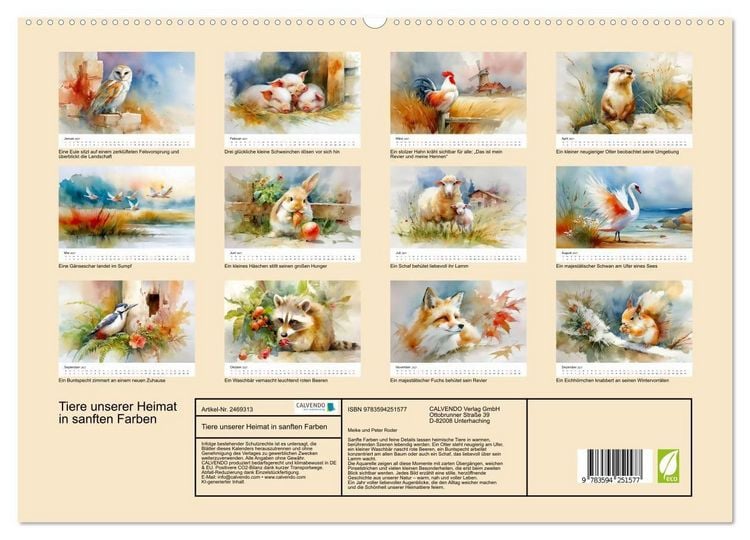 Produktbild: Tiere unserer Heimat in sanften Farben (hochwertiger Premium Wandkalender 2027 DIN A2 quer), Kunstdruck in Hochglanz