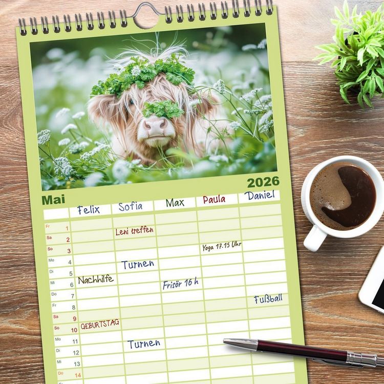 Produktbild: Familienplaner 2026 - Schottische Hochland Rinder mit 5 Spalten (Wandkalender, 21 x 45 cm) CALVENDO