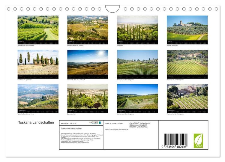 Produktbild: Toskana Landschaften (Wandkalender 2027 DIN A4 quer), CALVENDO Monatskalender
