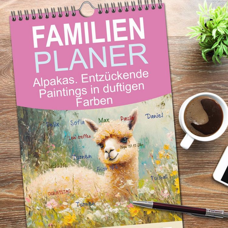 Produktbild: Familienplaner 2026 - Alpakas. Entz&uuml;ckende Paintings in duftigen Farben mit 5 Spalten (Wandkalender, 21 x 45 cm) CALVENDO