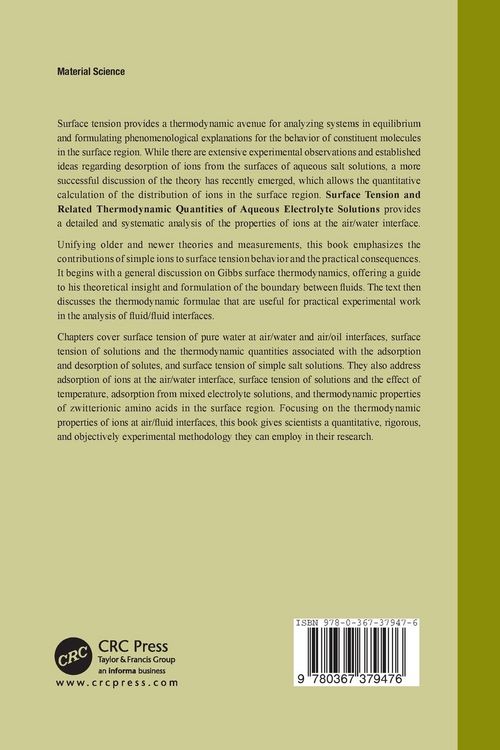 Produktbild: Surface Tension and Related Thermodynamic Quantities of Aqueous Electrolyte Solutions