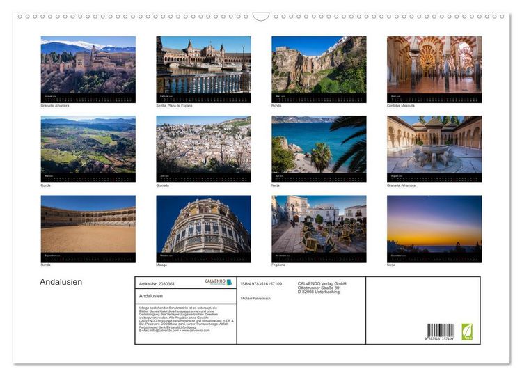 Produktbild: Andalusien (Wandkalender 2026 DIN A2 quer), CALVENDO Monatskalender