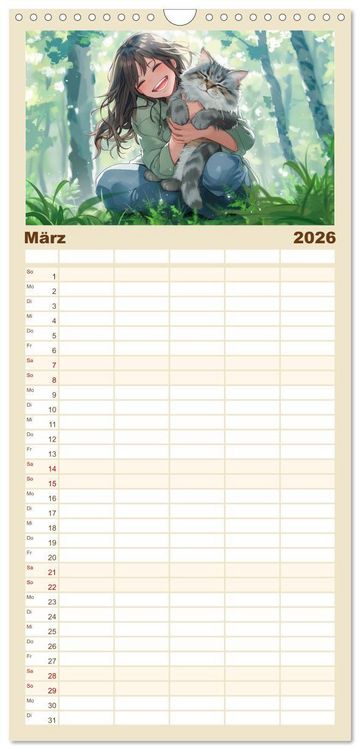 Produktbild: Familienplaner 2026 - Tierische Anime-Freunde - Fr&ouml;hliche Streifz&uuml;ge mit Hund und Katze mit 5 Spalten (Wandkalender, 21 x 45 cm) CALVENDO
