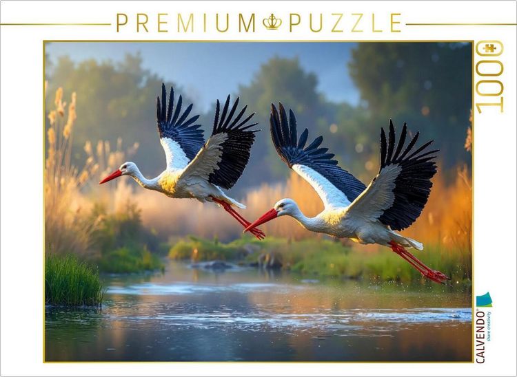 Produktbild: CALVENDO Puzzle Zwei St&ouml;rche ziehen elegant ihre Kreise &uuml;ber dem glitzernden See | 1000 Teile Lege-Gr&ouml;&szlig;e 64x48cm Foto-Puzzle f&uuml;r gl&uuml;ckliche Stunden