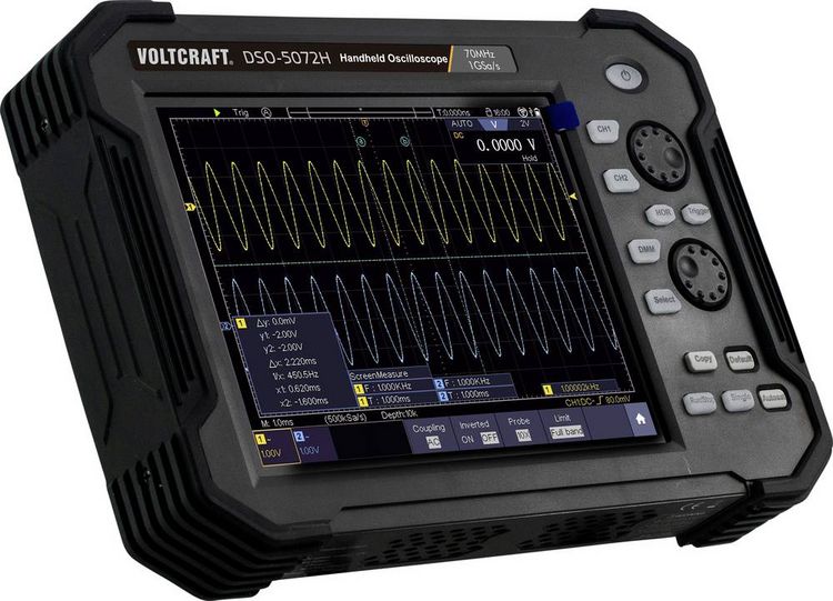 Produktbild: VOLTCRAFT DSO-5072H Hand-Oszilloskop 70 MHz 2-Kanal 1 GSa/s 40 Mpts 8 Bit Digital-Speicher (DSO), Handger&auml;t, Multimeter-Funktionen 1 St.