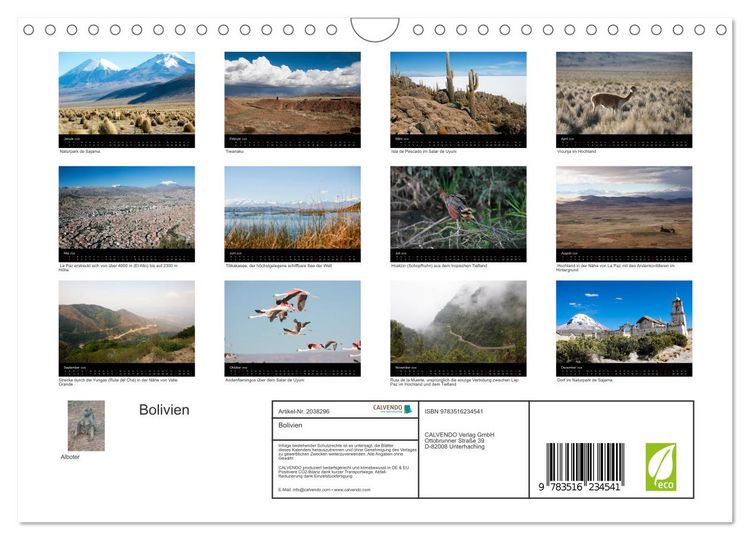 Produktbild: Bolivien (Wandkalender 2026 DIN A4 quer), CALVENDO Monatskalender