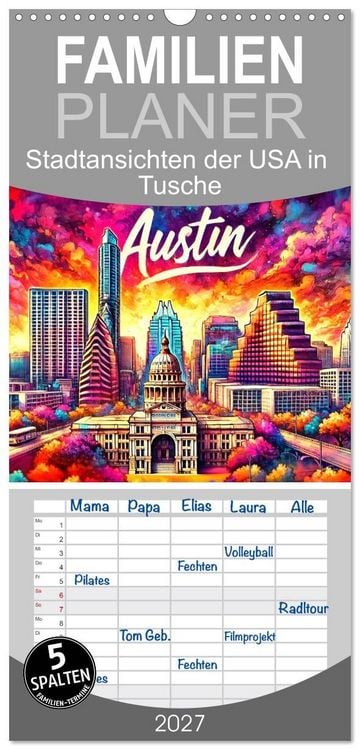 Produktbild: Familienplaner 2027 - Stadtansichten der USA in Tusche mit 5 Spalten (Wandkalender, 21 x 45 cm) CALVENDO