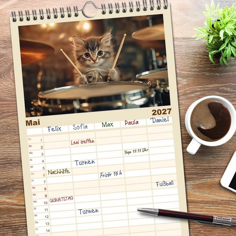 Produktbild: Familienplaner 2027 - Miau-sikalische Momente mit 5 Spalten (Wandkalender, 21 x 45 cm) CALVENDO