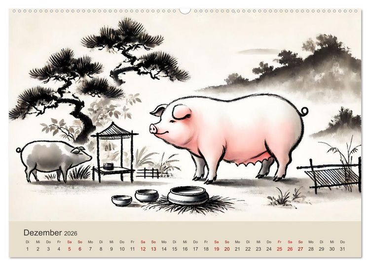 Produktbild: Chinesische Tierkreiszeichen - Kunstvolle KI-Tuschemalerei des Ostens (hochwertiger Premium Wandkalender 2026 DIN A2 quer), Kunstdruck in Hochglanz