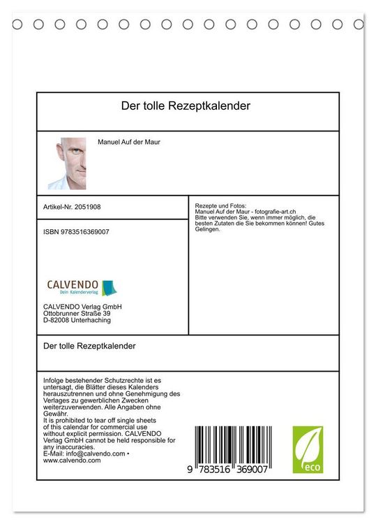 Produktbild: Der tolle Rezeptkalender (Tischkalender 2026 DIN A5 hoch), CALVENDO Monatskalender