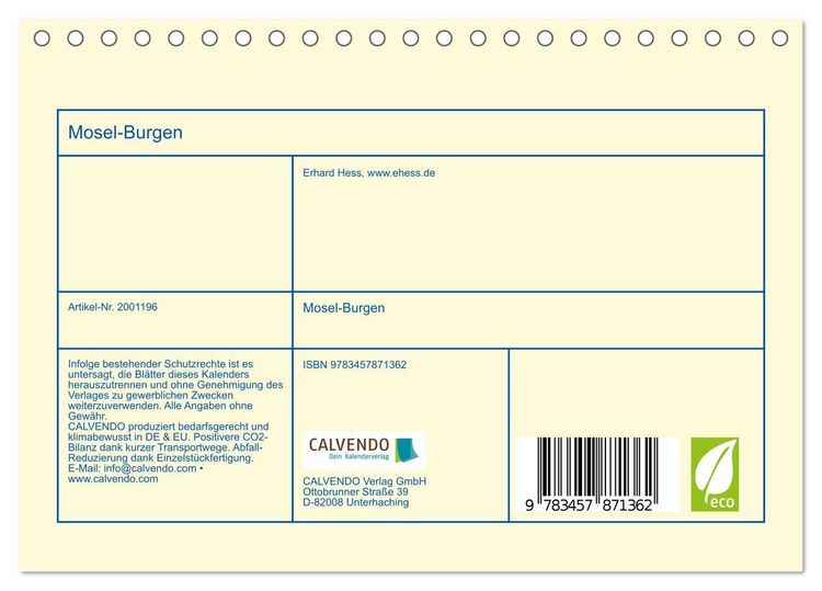 Produktbild: Mosel-Burgen (Tischkalender 2026 DIN A5 quer), CALVENDO Monatskalender