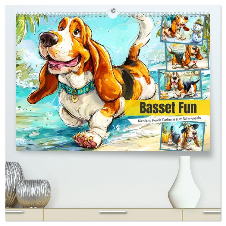 Produktbild: Basset Fun. Niedliche Hunde Cartoons zum Schmunzeln (hochwertiger Premium Wandkalender 2026 DIN A2 quer), Kunstdruck in Hochglanz