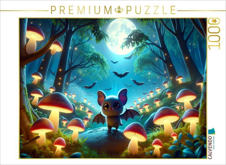 Produktbild: CALVENDO Puzzle Kleine Vampirflederm&auml;use erkunden einen leuchtenden Pilzwald | 1000 Teile Lege-Gr&ouml;&szlig;e 64x48cm Foto-Puzzle f&uuml;r gl&uuml;ckliche Stunden