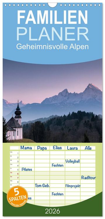 Produktbild: Familienplaner 2026 - Geheimnisvolle Alpen mit 5 Spalten (Wandkalender, 21 x 45 cm) CALVENDO