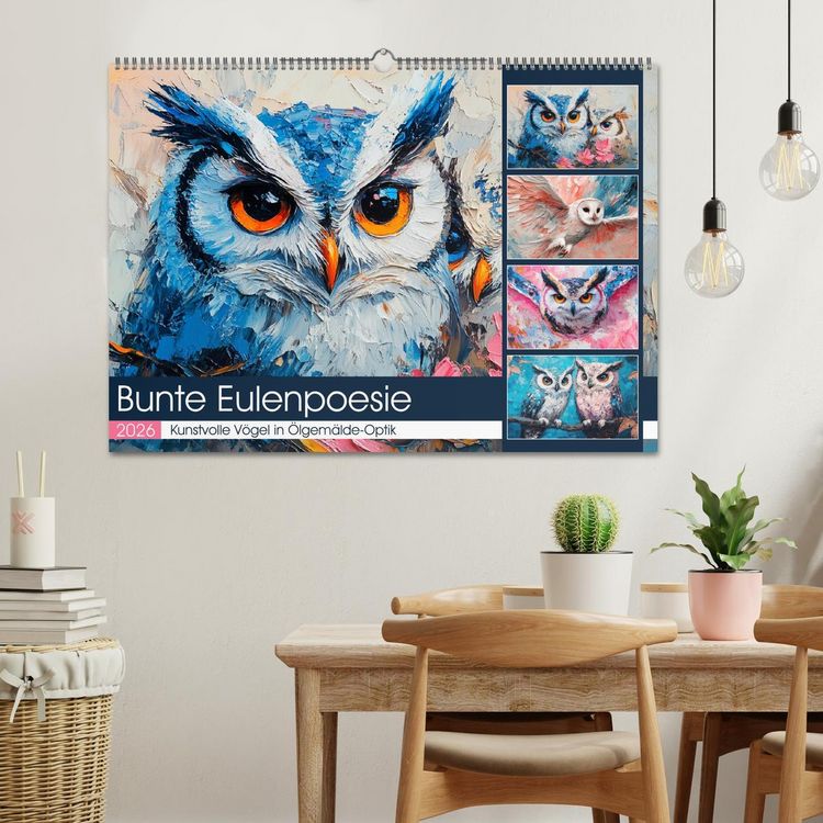 Produktbild: Bunte Eulenpoesie. Kunstvolle V&ouml;gel in &Ouml;lgem&auml;lde-Optik (Wandkalender 2026 DIN A2 quer), CALVENDO Monatskalender