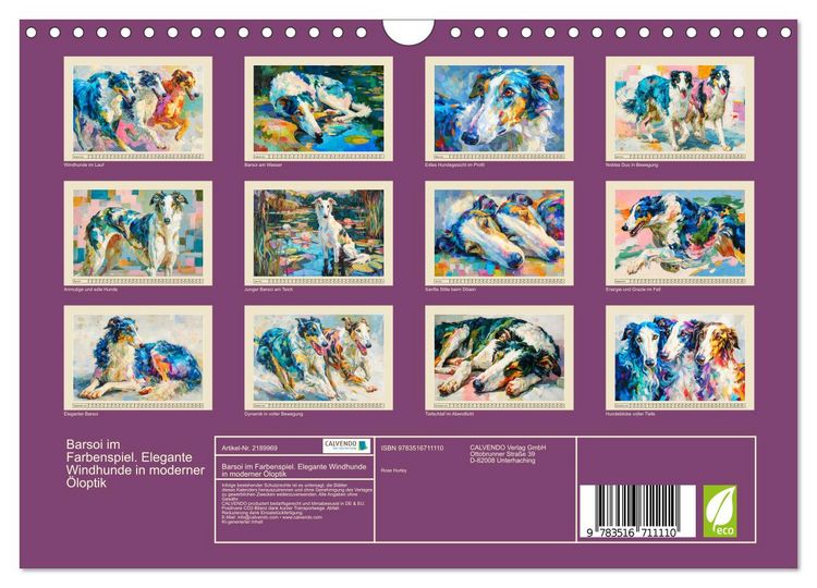 Produktbild: Barsoi im Farbenspiel. Elegante Windhunde in moderner &Ouml;loptik (Wandkalender 2026 DIN A4 quer), CALVENDO Monatskalender
