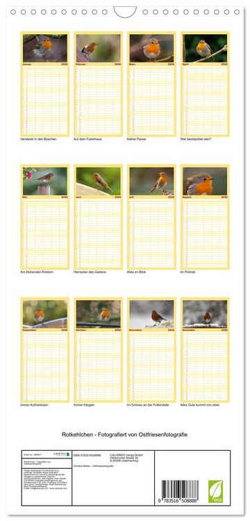Produktbild: Familienplaner 2026 - Rotkehlchen - Fotografiert von Ostfriesenfotografie mit 5 Spalten (Wandkalender, 21 x 45 cm) CALVENDO