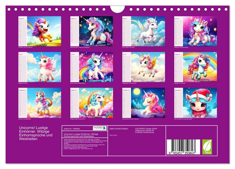Produktbild: Unicorns! Lustige Einh&ouml;rner. Witzige Einhornspr&uuml;che und Weisheiten (Wandkalender 2026 DIN A4 quer), CALVENDO Monatskalender