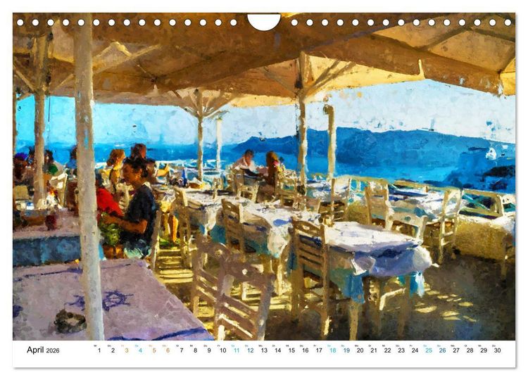 Produktbild: Urlaub auf Santorin - Gemalte Ansichten der Kykladeninsel (Wandkalender 2026 DIN A4 quer), CALVENDO Monatskalender