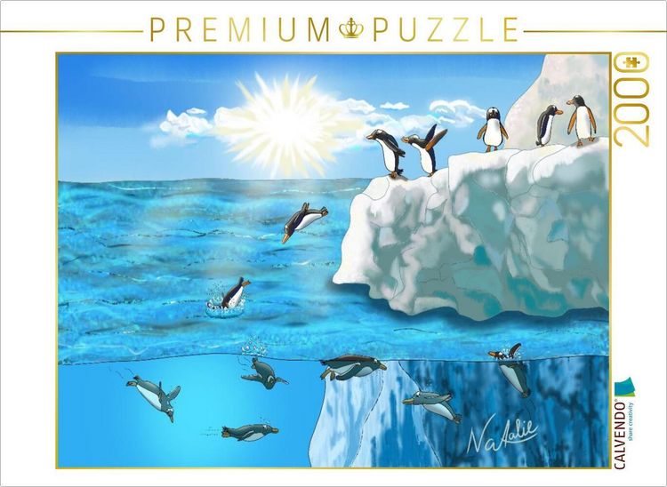 Produktbild: CALVENDO Puzzle Pinguin Sprung, ein H&uuml;pfer ins kalte Nass | 2000 Teile Lege-Gr&ouml;&szlig;e 90x67cm Foto-Puzzle f&uuml;r gl&uuml;ckliche Stunden