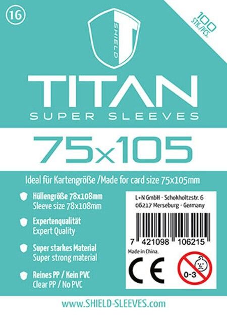 Produktbild: Shield Sleeves 1028506 - Shield Titan 16, 100 Super Sleeves f&uuml;r Kartengr&ouml;&szlig;e 75 x 105 mm, Spielkarten-Schutzh&uuml;llen