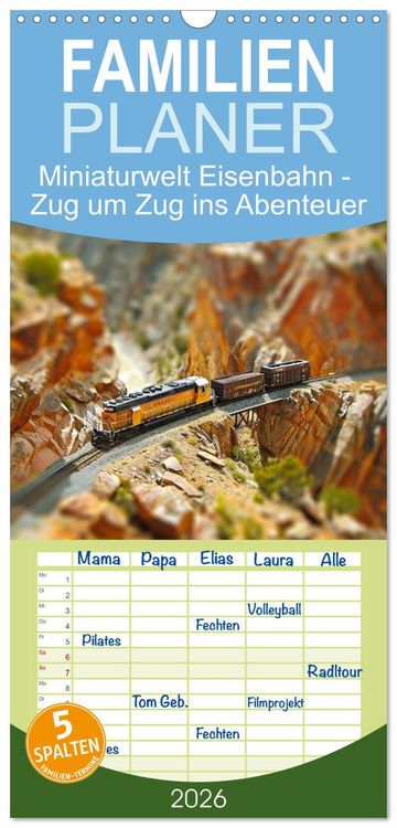 Produktbild: Familienplaner 2026 - Miniaturwelt Eisenbahn - Zug um Zug ins Abenteuer mit 5 Spalten (Wandkalender, 21 x 45 cm) CALVENDO
