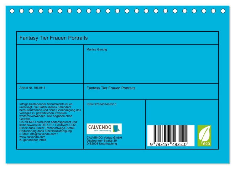 Produktbild: Fantasy Tier Frauen Portraits (Tischkalender 2026 DIN A5 quer), CALVENDO Monatskalender