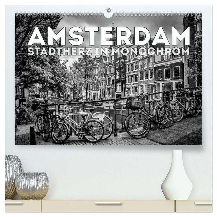 Produktbild: AMSTERDAM Stadtherz in Monochrom (hochwertiger Premium Wandkalender 2026 DIN A2 quer), Kunstdruck in Hochglanz