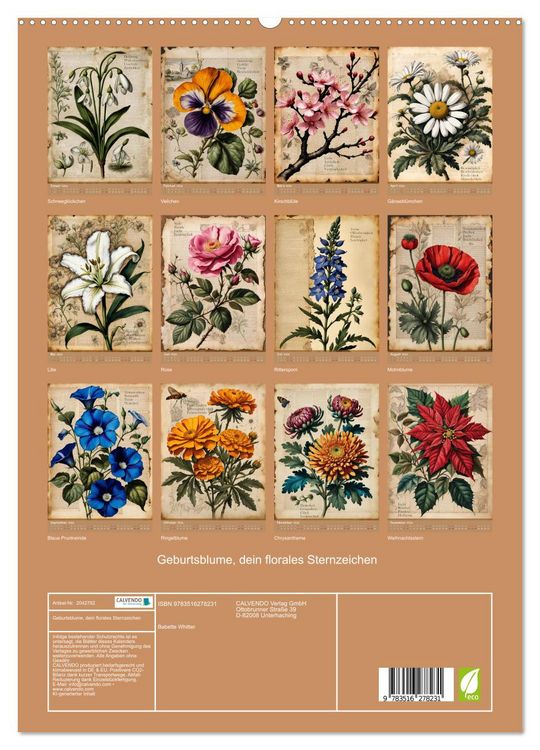 Produktbild: Geburtsblume, dein florales Sternzeichen (hochwertiger Premium Wandkalender 2026 DIN A2 hoch), Kunstdruck in Hochglanz