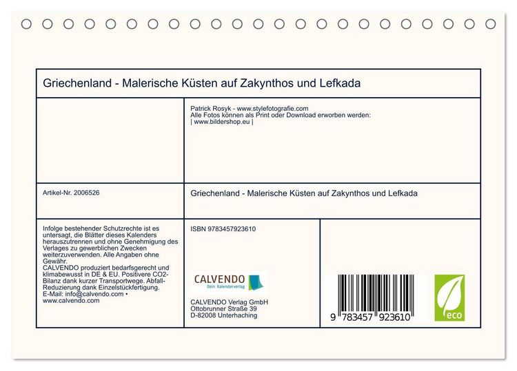 Produktbild: Griechenland - Malerische K&uuml;sten auf Zakynthos und Lefkada (Tischkalender 2026 DIN A5 quer), CALVENDO Monatskalender