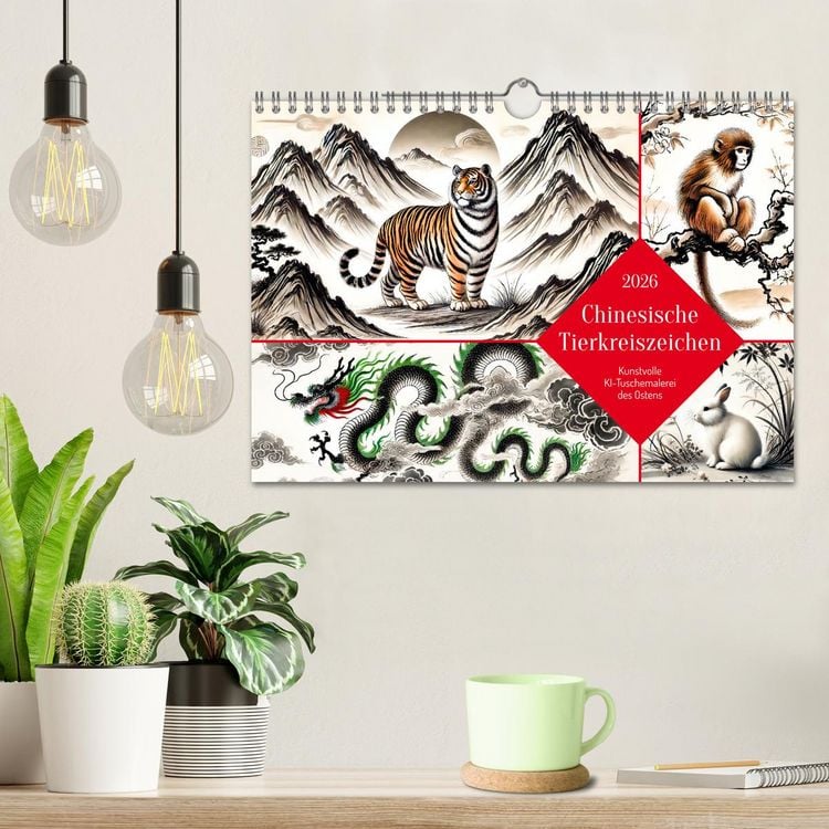 Produktbild: Chinesische Tierkreiszeichen - Kunstvolle KI-Tuschemalerei des Ostens (Wandkalender 2026 DIN A4 quer), CALVENDO Monatskalender