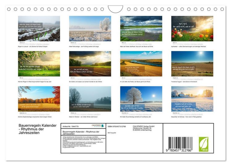 Produktbild: Bauernregeln Kalender - Rhythmus der Jahreszeiten (Wandkalender 2026 DIN A4 quer), CALVENDO Monatskalender