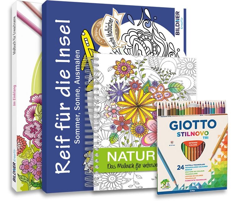 Produktbild: Mein Kreativ-Set: 3 liebevoll gestaltete Malb&uuml;cher mit 24 hochwertigen Farbstiften