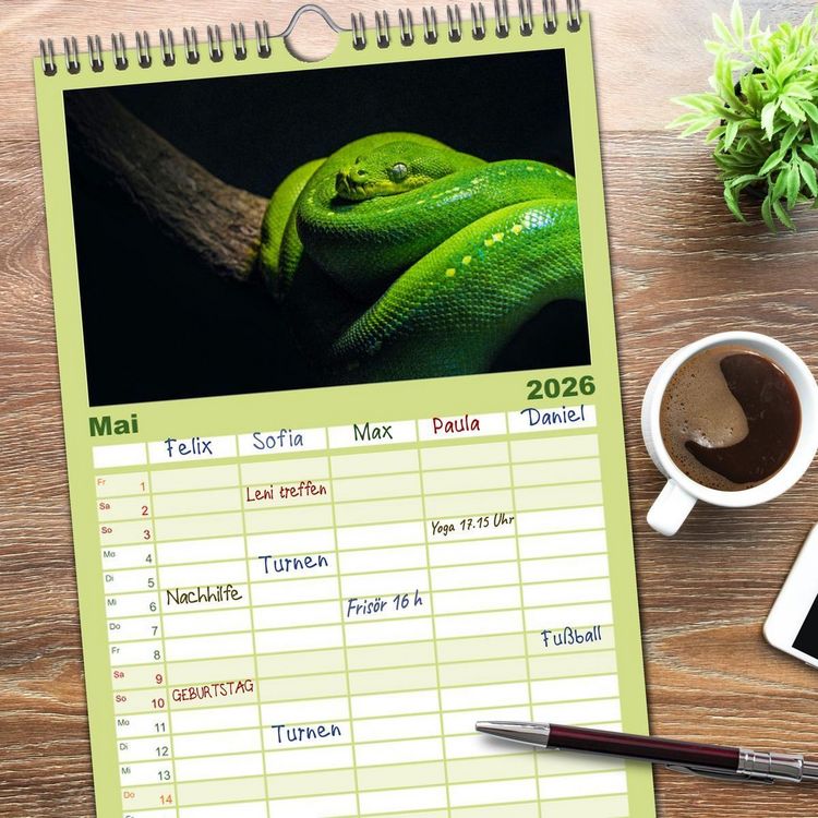 Produktbild: Familienplaner 2026 - Faszination Schlangen mit 5 Spalten (Wandkalender, 21 x 45 cm) CALVENDO