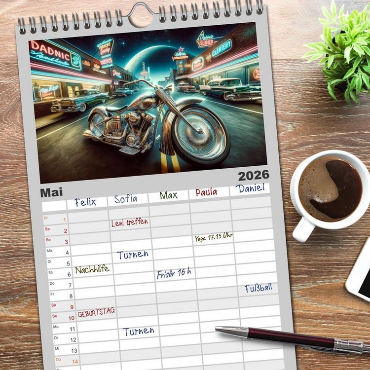 Produktbild: Familienplaner 2026 - Custom Dreams - Showbike Wonders mit 5 Spalten (Wandkalender, 21 x 45 cm) CALVENDO