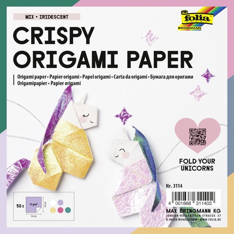 Produktbild: Folia Irisierendes Papier 75g/m&sup2;, 14x14cm, 50 Blatt, 2 Pr&auml;gungen farbig sortiert