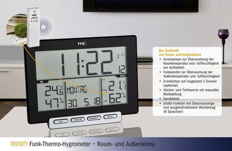 Produktbild: TFA Dostmann Trinity Funk-Thermo-/Hygrometer Schwarz 30.3058.01