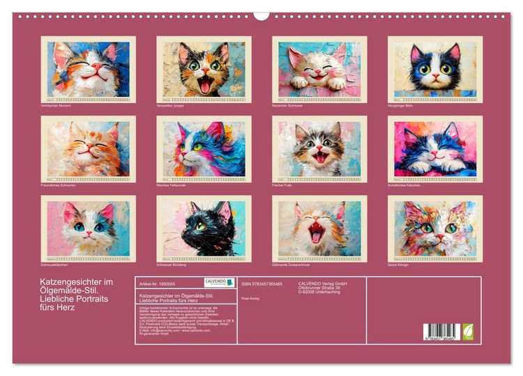 Produktbild: Katzengesichter im &Ouml;lgem&auml;lde-Stil. Liebliche Portraits f&uuml;rs Herz (Wandkalender 2026 DIN A2 quer), CALVENDO Monatskalender