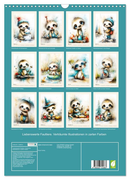 Produktbild: Liebenswerte Faultiere. Vertr&auml;umte Illustrationen in zarten Farben (Wandkalender 2026 DIN A3 hoch), CALVENDO Monatskalender