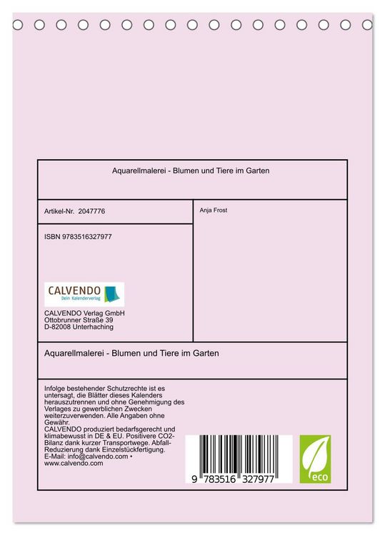 Produktbild: Aquarellmalerei - Blumen und Tiere im Garten (Tischkalender 2026 DIN A5 hoch), CALVENDO Monatskalender
