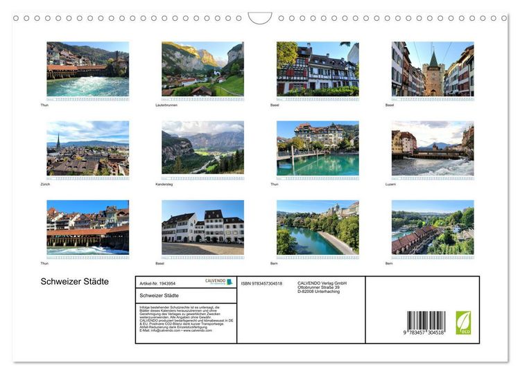 Produktbild: Schweizer St&auml;dte (Wandkalender 2026 DIN A3 quer), CALVENDO Monatskalender
