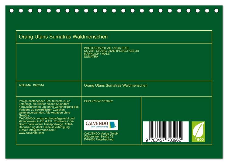 Produktbild: Orang Utans Sumatras Waldmenschen (Tischkalender 2026 DIN A5 quer), CALVENDO Monatskalender