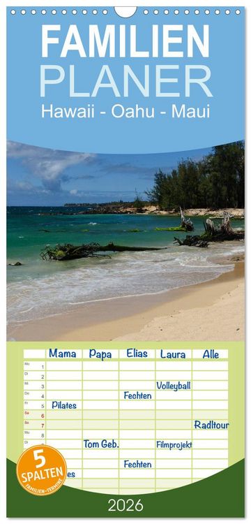 Produktbild: Familienplaner 2026 - Hawaii - Oahu - Maui mit 5 Spalten (Wandkalender, 21 x 45 cm) CALVENDO