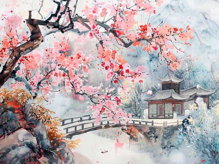 Produktbild: CALVENDO Puzzle Chinesischer Tempel zur Kirschbl&uuml;te als Tuschezeichnung | 1000 Teile Lege-Gr&ouml;&szlig;e 64x48cm Foto-Puzzle f&uuml;r gl&uuml;ckliche Stunden