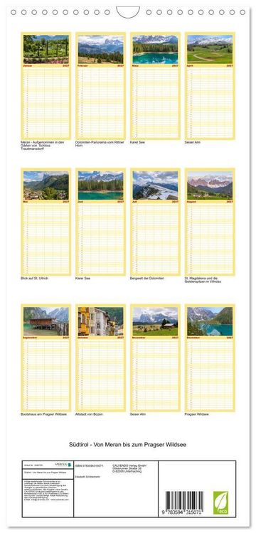 Produktbild: Familienplaner 2027 - S&uuml;dtirol - Von Meran bis zum Pragser Wildsee mit 5 Spalten (Wandkalender, 21 x 45 cm) CALVENDO