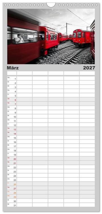 Produktbild: Familienplaner 2027 - BLITZschnell - Z&uuml;ge und Flugzeuge in Bewegung - Color-Key mit 5 Spalten (Wandkalender, 21 x 45 cm) CALVENDO