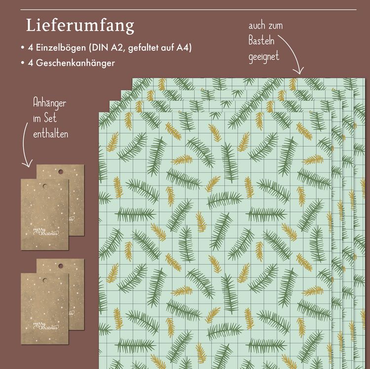 Produktbild: Geschenkpapier Set Weihnachten f&uuml;r Erwachsene: Tannenzweige, kariert (modern, edel, gr&uuml;n)
