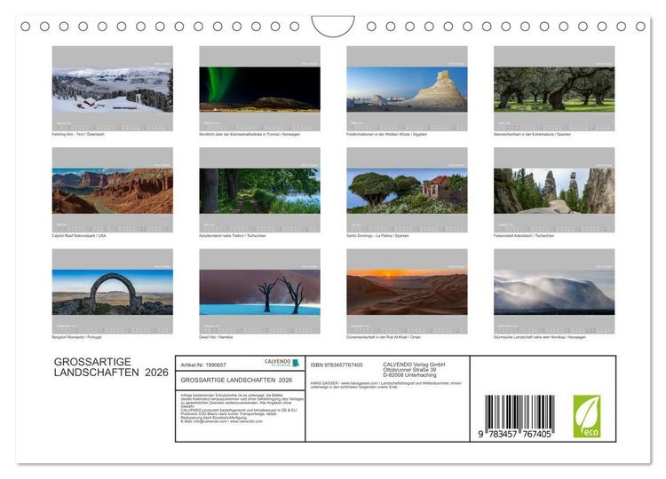 Produktbild: GROSSARTIGE LANDSCHAFTEN 2026 (Wandkalender 2026 DIN A4 quer), CALVENDO Monatskalender
