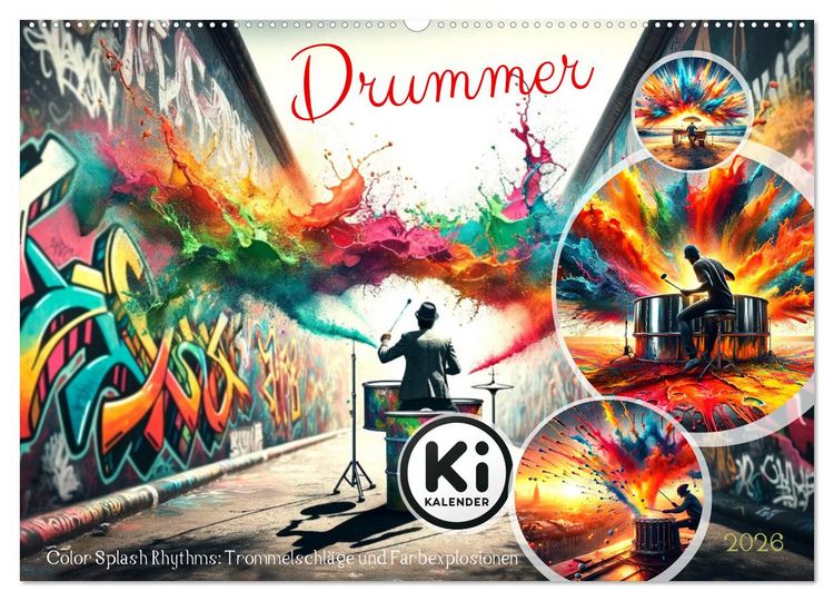 Produktbild: Drummer - Color Splash Rhythms: Trommelschl&auml;ge und Farbexplosionen (Wandkalender 2026 DIN A2 quer), CALVENDO Monatskalender