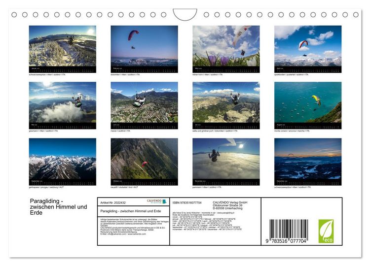 Produktbild: Paragliding - zwischen Himmel und Erde (Wandkalender 2026 DIN A4 quer), CALVENDO Monatskalender